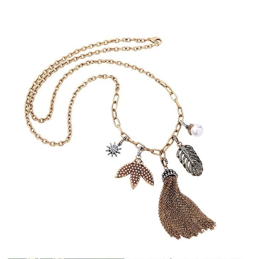 Vintage Style Goldtone Tasseled Charmed Long Necklace